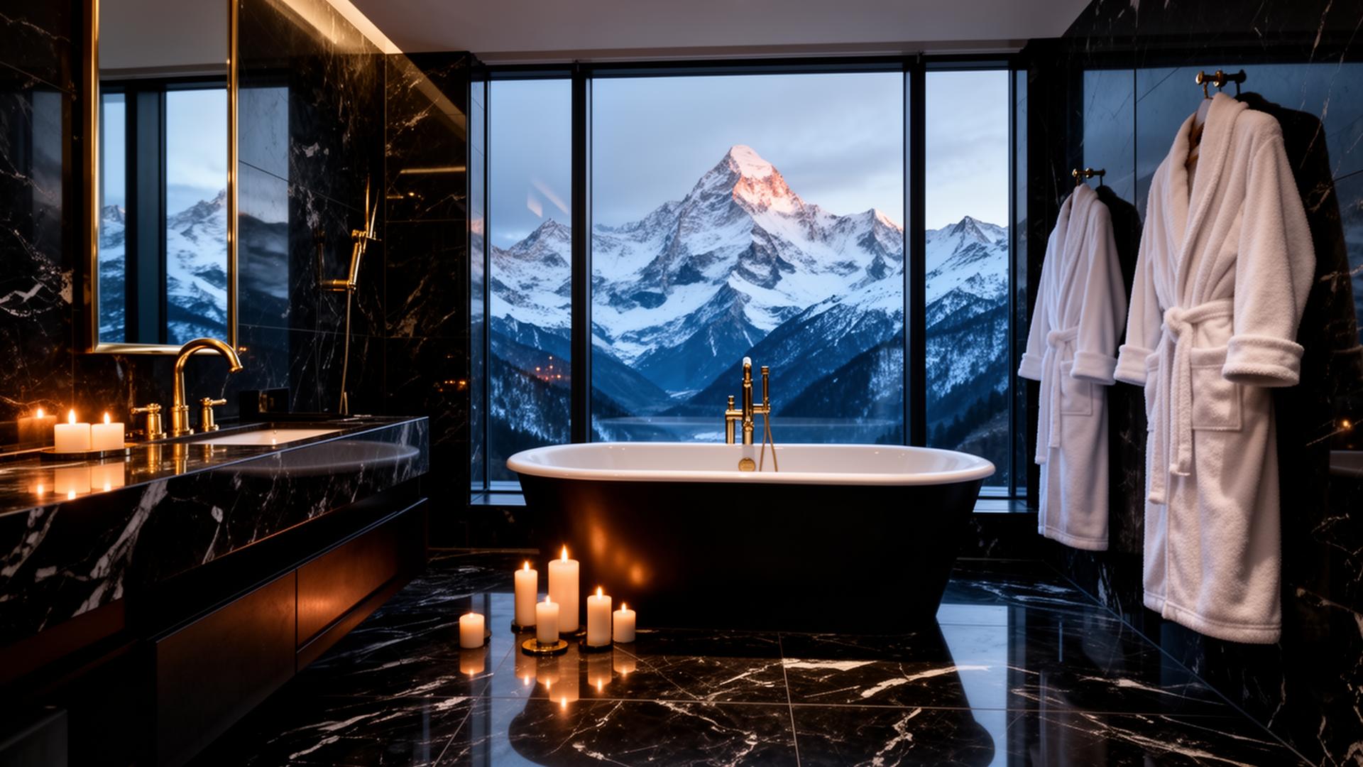 Black marble bathroom with freestanding tub and Himalayan view