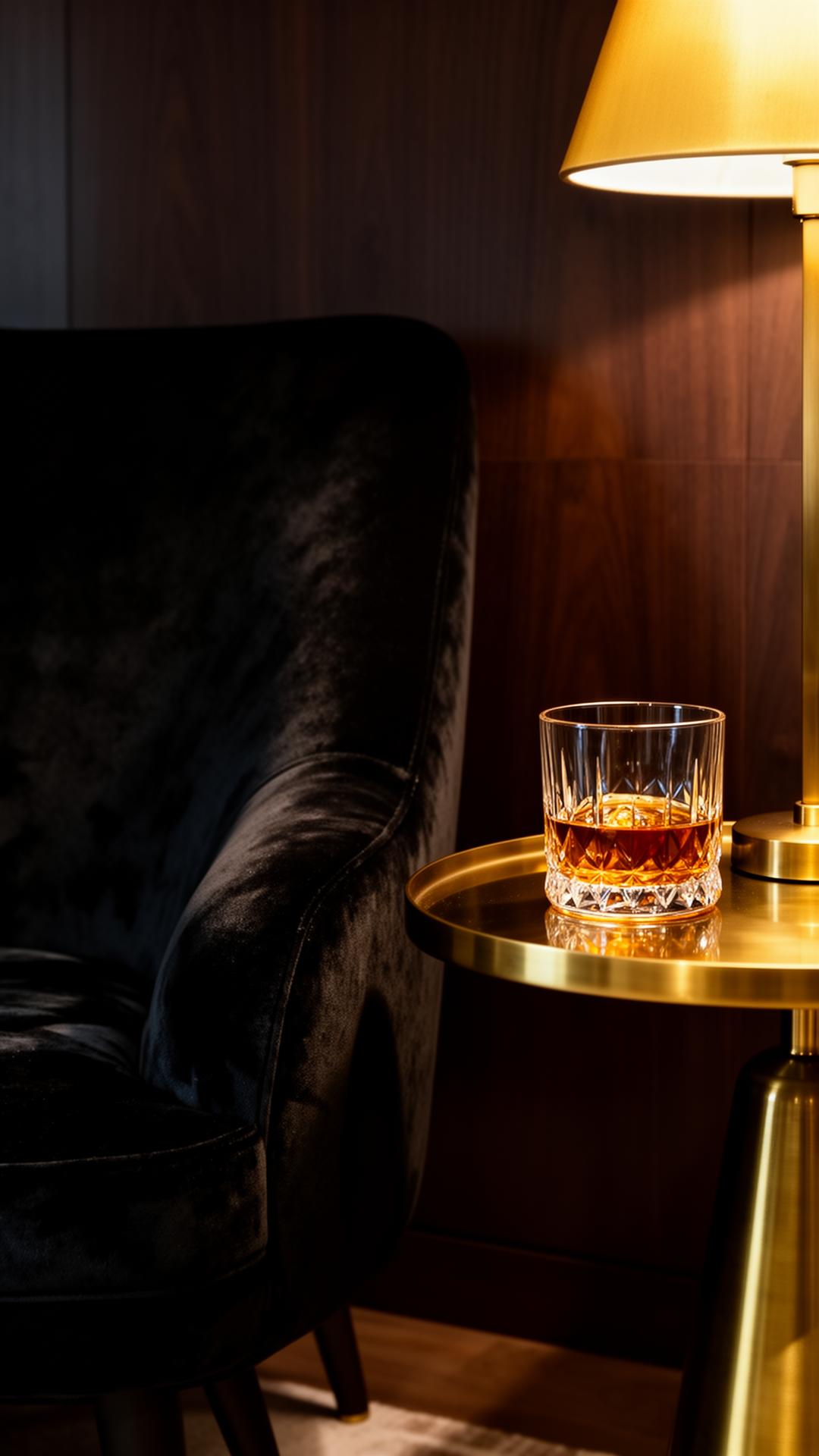 Crystal whiskey glass on brass side table