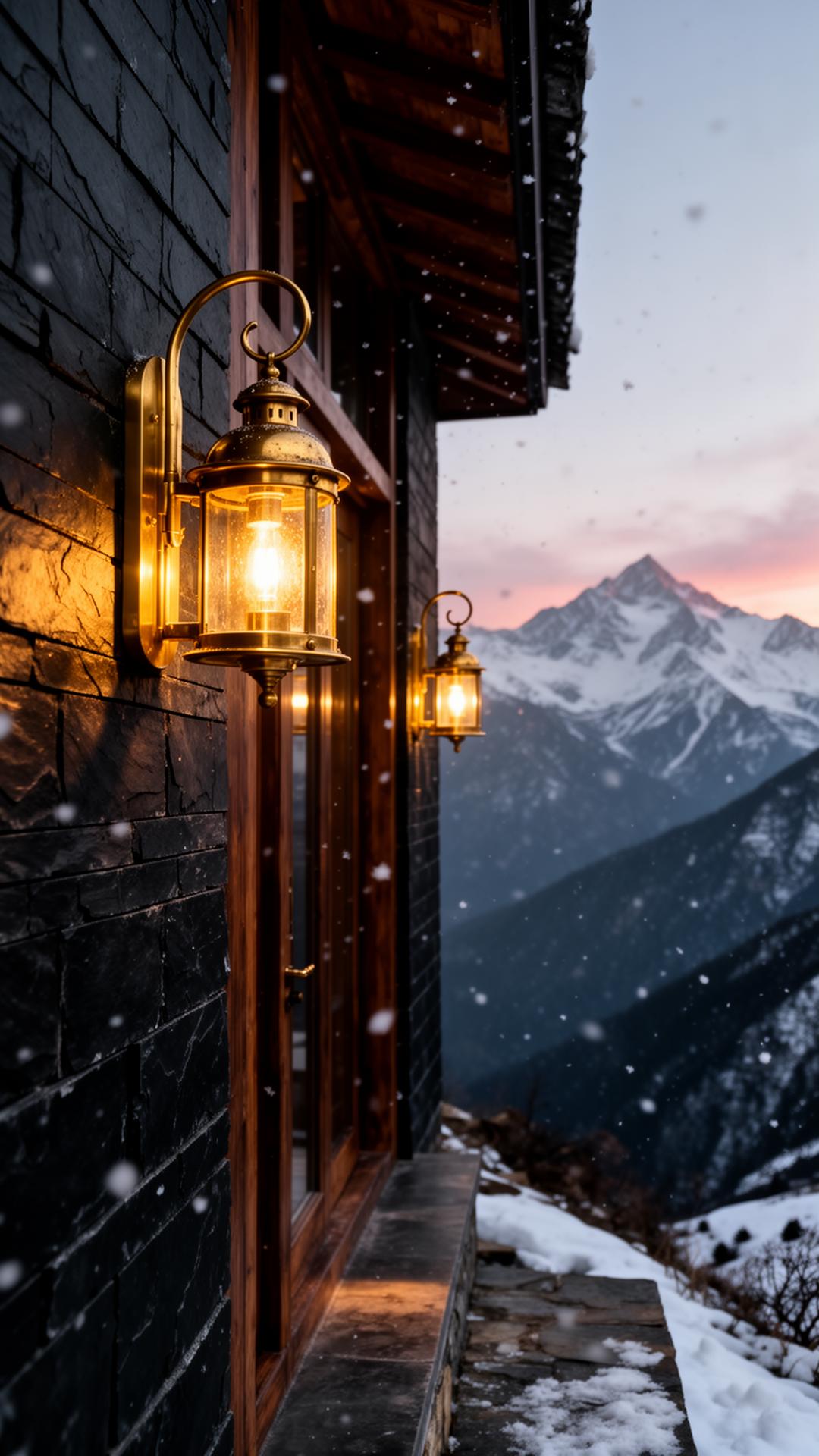 Brass lanterns at the Grand Gyalson entrance in falling snow
